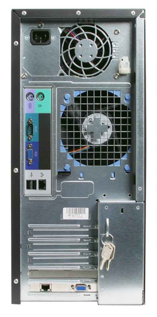 Rear view of a Dell PowerEdge 830 server showing power supply, cooling fans, I/O ports including USB, serial, parallel, VGA, and PS/2 connectors, with security lock and keys inserted.