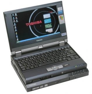 Toshiba Libretto U100 ultra-portable laptop with screen displaying the Toshiba logo and Windows desktop, set against a white background.