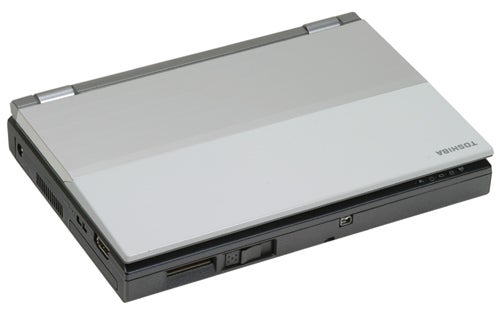 Toshiba Libretto U100 ultra-portable laptop closed and viewed from the front right angle, showcasing its compact form factor and silver exterior.