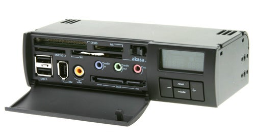 Akasa AllInOne AK-ALL-01BK multi-function panel with card reader and ports including USB, eSATA, and audio jacks.