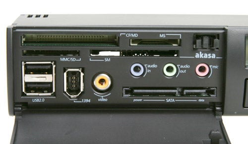 Close-up of the Akasa AllInOne AK-ALL-01BK multi-card reader and connectivity panel with USB, audio, and video ports, labeled with the Akasa brand.