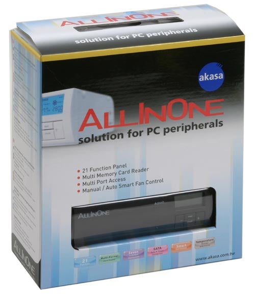 Packaging box of Akasa AllInOne AK-ALL-01BK showing product features such as 21 function panel, multi memory card reader, and multi port access with manual/auto smart fan control.