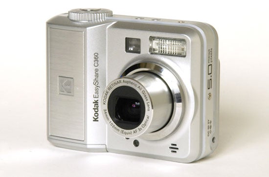 Kodak EasyShare C360 digital camera with a 5.0MP resolution, silver body, and built-in flash displayed on a white background.
