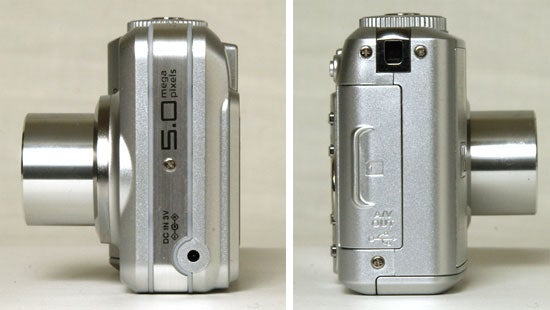 Side-by-side images of the Kodak EasyShare C360 digital camera, showing the side and bottom views highlighting the lens barrel, the 5.0 Megapixels label, interface ports, battery compartment, and tripod mount.