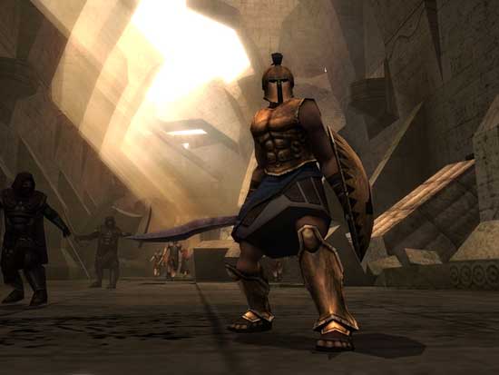 A Spartan warrior in combat attire stands ready for battle in a screenshot from the video game 