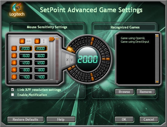 Screenshot of Logitech SetPoint Advanced Game Settings control panel, showing adjustable mouse sensitivity settings and a list of recognized games, with a futuristic green and black design theme.
