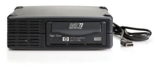 Hewlett Packard StorageWorks DAT 72 USB External Tape Drive with a Tape Clean button and USB cable on a white background.