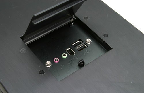 Close-up view of the input/output panel on the Mesh Xtreme Essential TRX Gaming PC showing audio jacks and USB ports.