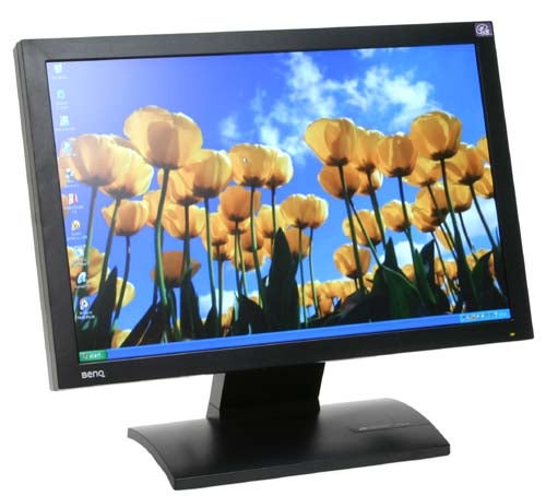 BenQ FP202W 20-inch widescreen monitor displaying vibrant image of yellow tulips against a blue sky.