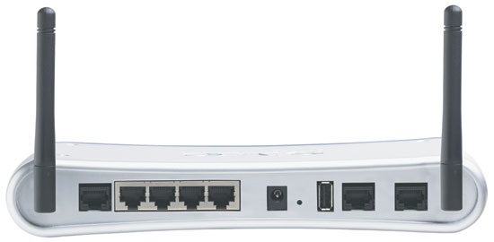 SMC Barricade VOICE ADSL Router with two antennas and multiple connection ports at the back view.