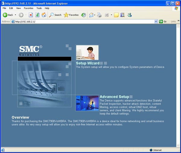Screenshot of SMC Barricade VOICE ADSL Router setup interface on Microsoft Internet Explorer showing Setup Wizard and Advanced Setup options with an Overview section highlighting easy setup and risk-free Internet access.
