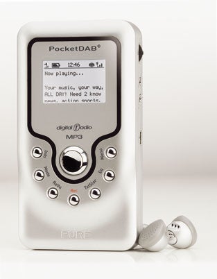Pure Pocket DAB 2000 digital portable radio with earbuds on a white background. The device has a display screen showing 