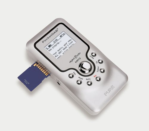 Pure Pocket DAB 2000 digital radio with an SD card alongside on a white background.