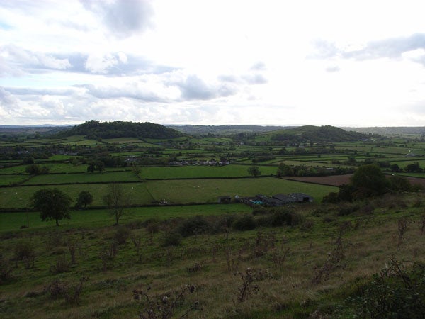 Landscape photo showing green countryside with scattered trees and a cloudy sky, potentially taken with a Ricoh Caplio R3 digital camera.