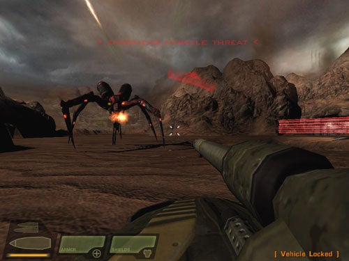 First-person view in Quake 4 game depicting a player aiming at a giant spider-like enemy robot on a barren landscape with a 