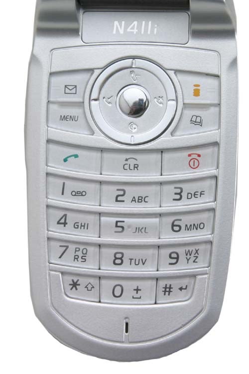 Close-up of the NEC N411i i-mode mobile phone showing the keypad and central navigation button with the model number prominently displayed at the top.
