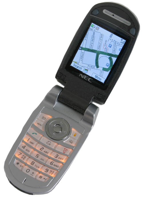 NEC N411i i-mode mobile phone open with a map on the screen showing the device's navigation capability.