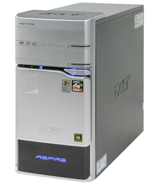 Acer Aspire E300 series desktop computer with a DVD drive, AMD Athlon sticker, and Acer logo on a silver tower case.