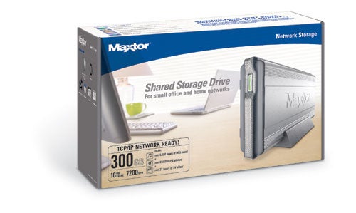 Maxtor Shared Storage Drive packaging box displaying the product and its key features like TCP/IP network readiness and 300 GB capacity.
