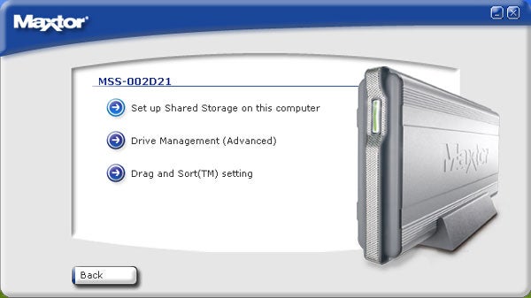 Maxtor Shared Storage Drive interface with options for setting up shared storage, managing drive settings, and enabling Drag and Sort feature, displayed on a computer screen with a side view of the physical drive unit.