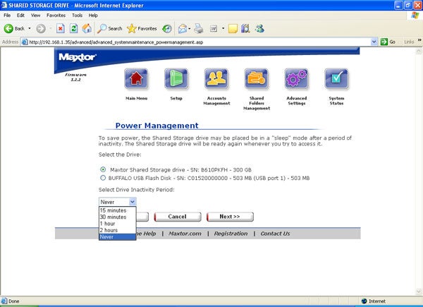 Screenshot of Maxtor Shared Storage Drive web interface open in Internet Explorer showing the Power Management settings, with options to select the drive inactivity period before entering sleep mode.