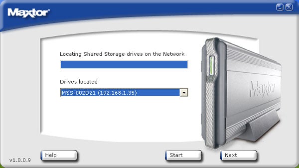 A Maxtor Shared Storage Drive with a user interface screen showing the software locating the drive on a network, displaying one drive found with its model and IP address.