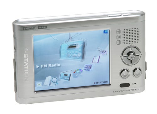 Digital Cube i-Station i2 portable media player with a metallic finish, displaying its FM radio function on the screen, featuring control buttons and a joystick on the right side.