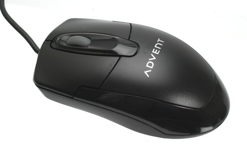 Black ADVENT computer mouse on a white background.