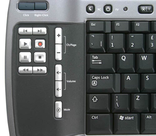 Close-up of a Microsoft Media Center 2005 Keyboard with multimedia keys and standard QWERTY keys visible.