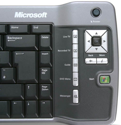 Close-up of the Microsoft Media Center 2005 Keyboard with multimedia keys and a pointer control integrated on the right-hand side.