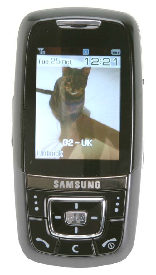 Samsung SGH-D600 mobile phone with a cat image on the screen, showing date and time on the display.