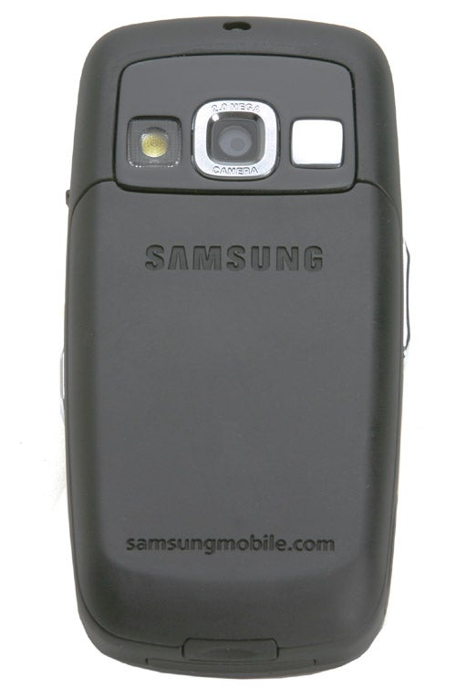 Samsung SGH-D600 mobile phone rear view showing camera, flash, and brand logo.