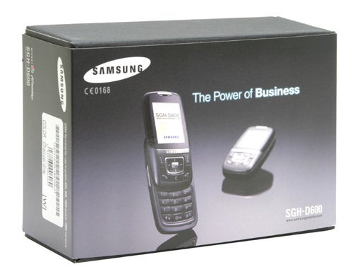 Samsung SGH-D600 mobile phone packaging box featuring the product image and the slogan 