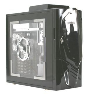 NZXT Nemesis Elite black computer case with a clear side panel displaying interior components and branded front panel design.
