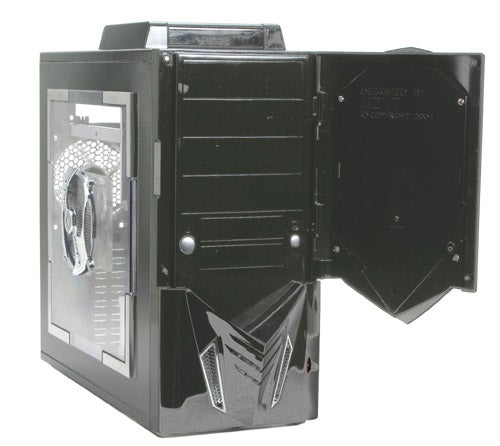 Black NZXT Nemesis Elite gaming computer case with side panel open, showing interior structure and cooling fan.