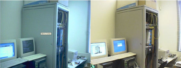 Two side-by-side images of a server room with Panasonic BB-HCM311 network cameras installed, one camera pointing towards a server rack and the other showing its view displayed on two computer monitors on a desk.
