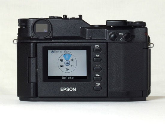 Epson R-D1 digital rangefinder camera displayed from the back showing LCD screen and control buttons.