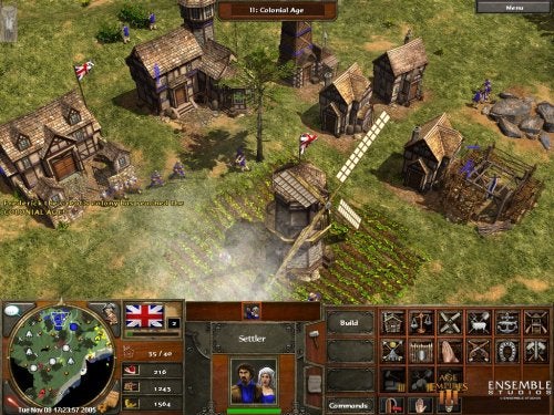 Screenshot of the video game Age of Empires III showing a British colony with various buildings, villagers, and user interface elements.
