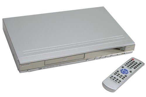 Buffalo Link Theater media player with DVD drive and a remote control on a white background.
