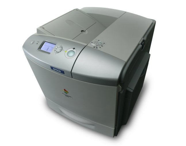 Epson AcuLaser C2600N color laser printer isolated on a white background with front access tray closed and display panel visible.