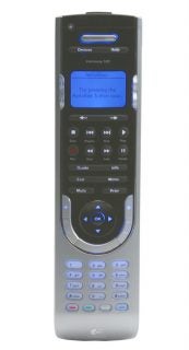 Logitech Harmony 525 Universal Remote with a digital display showing a message, dedicated device control buttons, a navigation pad, and color-coded programmable buttons.