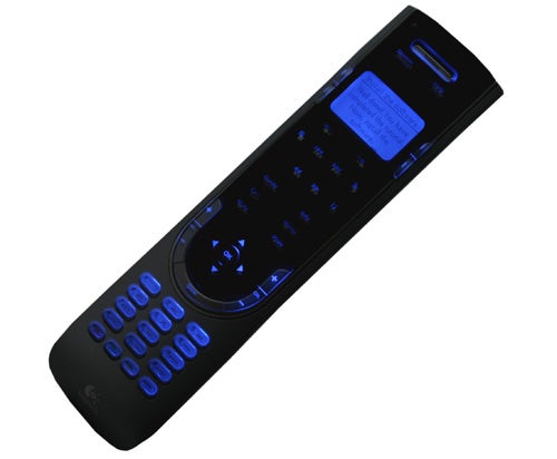 Logitech Harmony 525 Universal Remote with illuminated buttons and LCD screen on a black background.