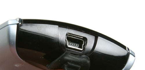 Close-up view of the mini-USB port on a Logitech Harmony 525 Universal Remote showing detail of the connection interface.