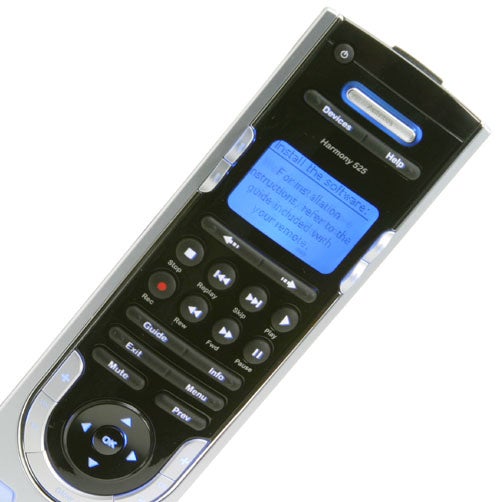 Logitech Harmony 525 Universal Remote with a blue backlit display and silver and black buttons on a white background.