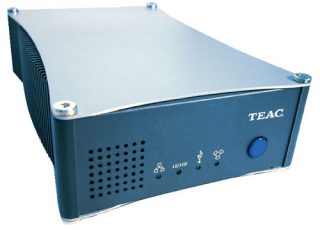 Teac HD-35NAS Network Attached Storage device in blue with company logo on front panel and status LEDs for power and network activity.