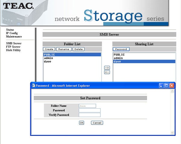 Screenshot of TEAC Network Storage series interface showing folder list with options to create, rename, and delete folders on the SMB server, and a password setup prompt on Microsoft Internet Explorer for folder access.