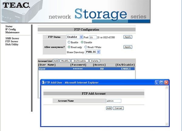 Screenshot of the FTP configuration interface for the TEAC Network Storage series, showing options for setting up and managing user access.