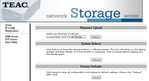 Screenshot of TEAC Network Storage series user interface showing firmware upload options, system reboot, and factory default reset settings.