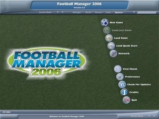 Main menu screen of Football Manager 2006 showing options for New Game, Load Game, Network, Preferences, and other controls.