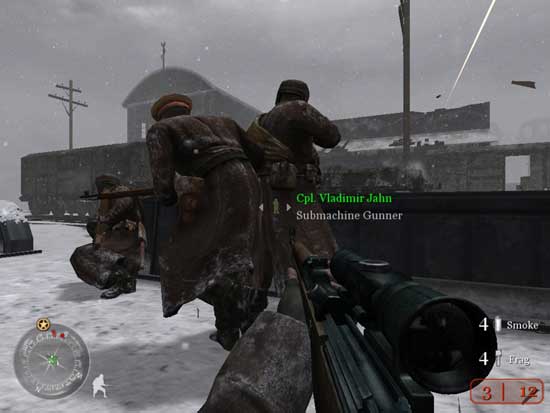 In-game screenshot from Call of Duty 2 showing a first-person perspective of a player character holding a rifle with a scope attachment, with allied soldiers ahead in a snowy battlefield environment and tracer fire visible in the sky.